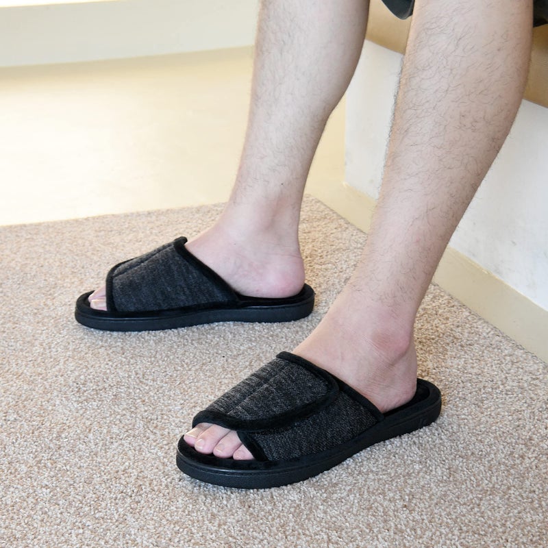 DL Adjustable Men's Slippers with Memory Foam, Comfortable Indoor/Outdoor, Breathable Slide, Size 11-12, Black - Image 2